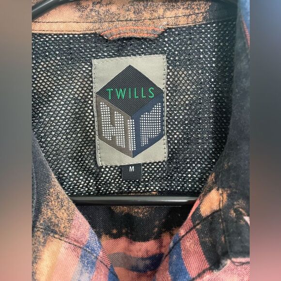 Upcycled Splatter Bleached Orange Navy Plaid Oversized Flannel Mens M - Picture 5 of 10